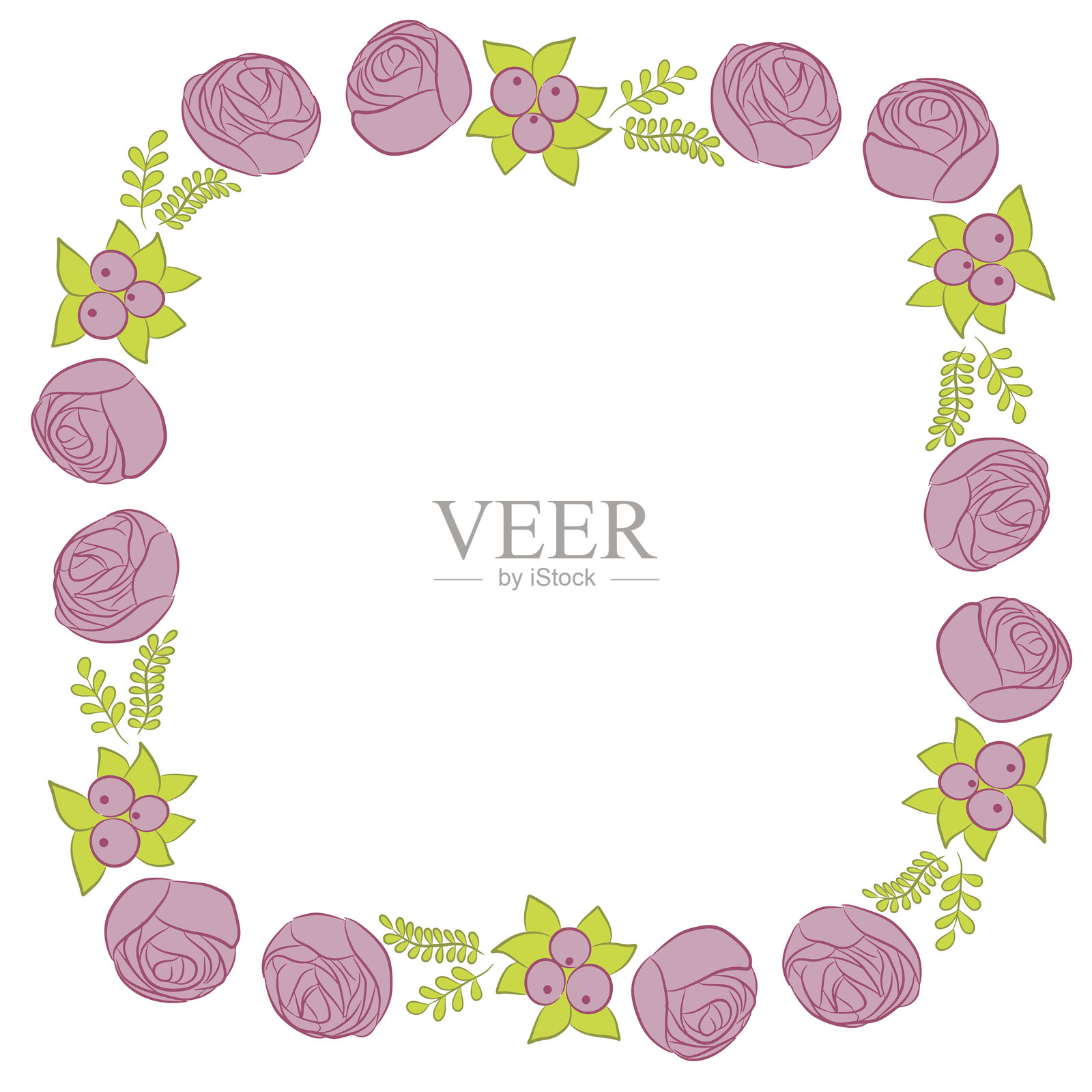 带有手绘玫瑰、叶子和浆果的简单花卉方形框架,孤立在白色背景上插画图片素材