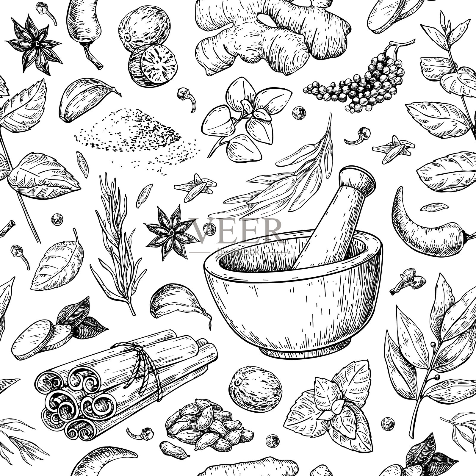 草药和香料无缝图案。带有研钵和杵的矢量绘图背景。雕刻风格的调味品和调料。插画图片素材