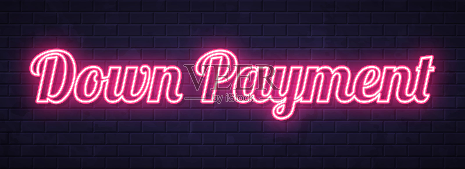首付 - 发光的霓虹文字在砖墙背景上插画图片素材
