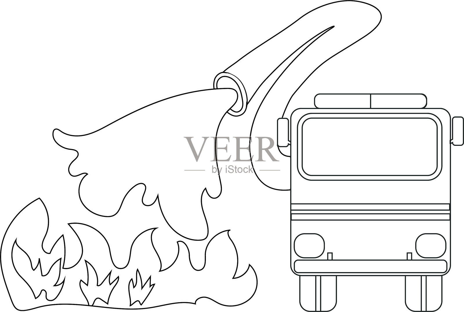 卡通简单消防车的涂色页,正在用消防水管喷水灭火,采用扁平风格。插画图片素材