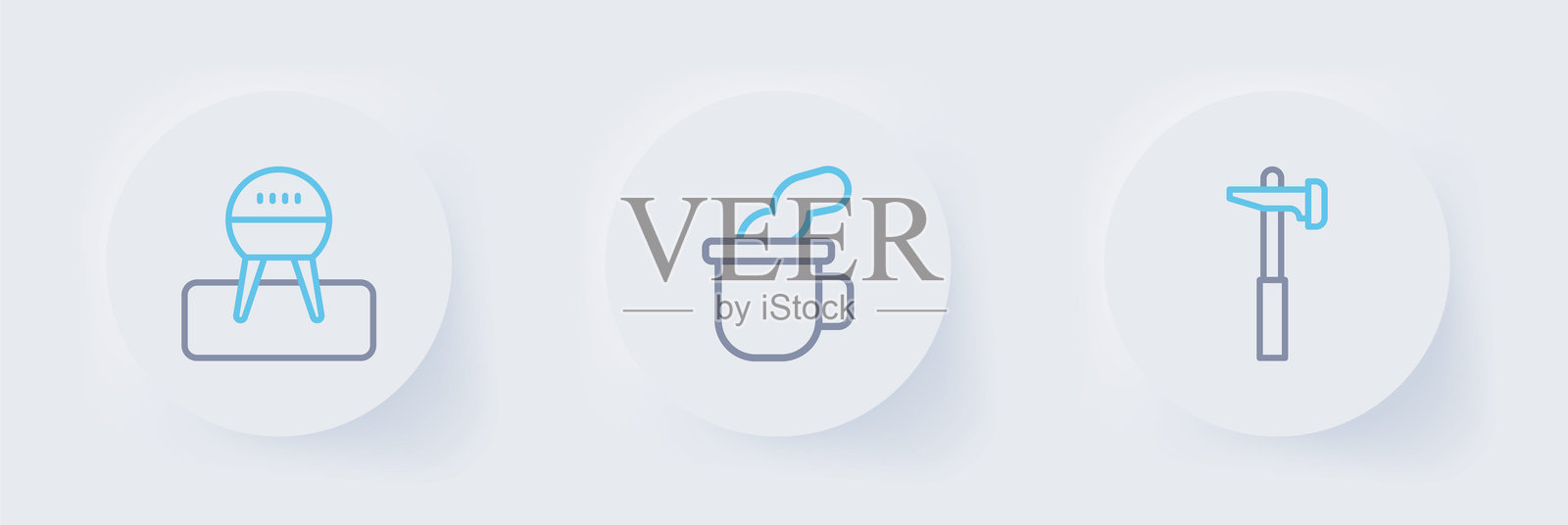 锤子、茶杯和烧烤架图标。矢量图。插画图片素材