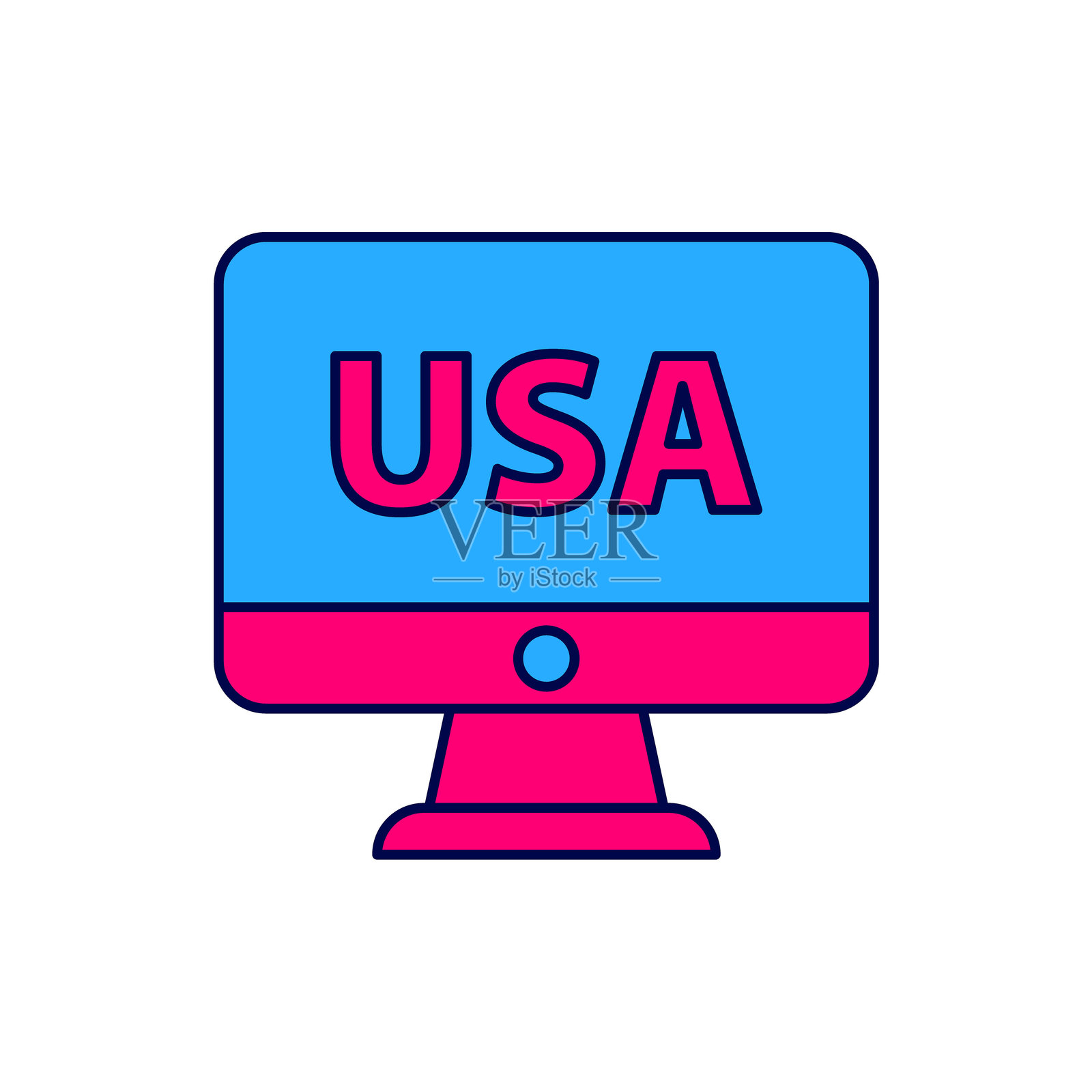 填充轮廓的美国在显示器图标上,背景为白色。矢量图。插画图片素材