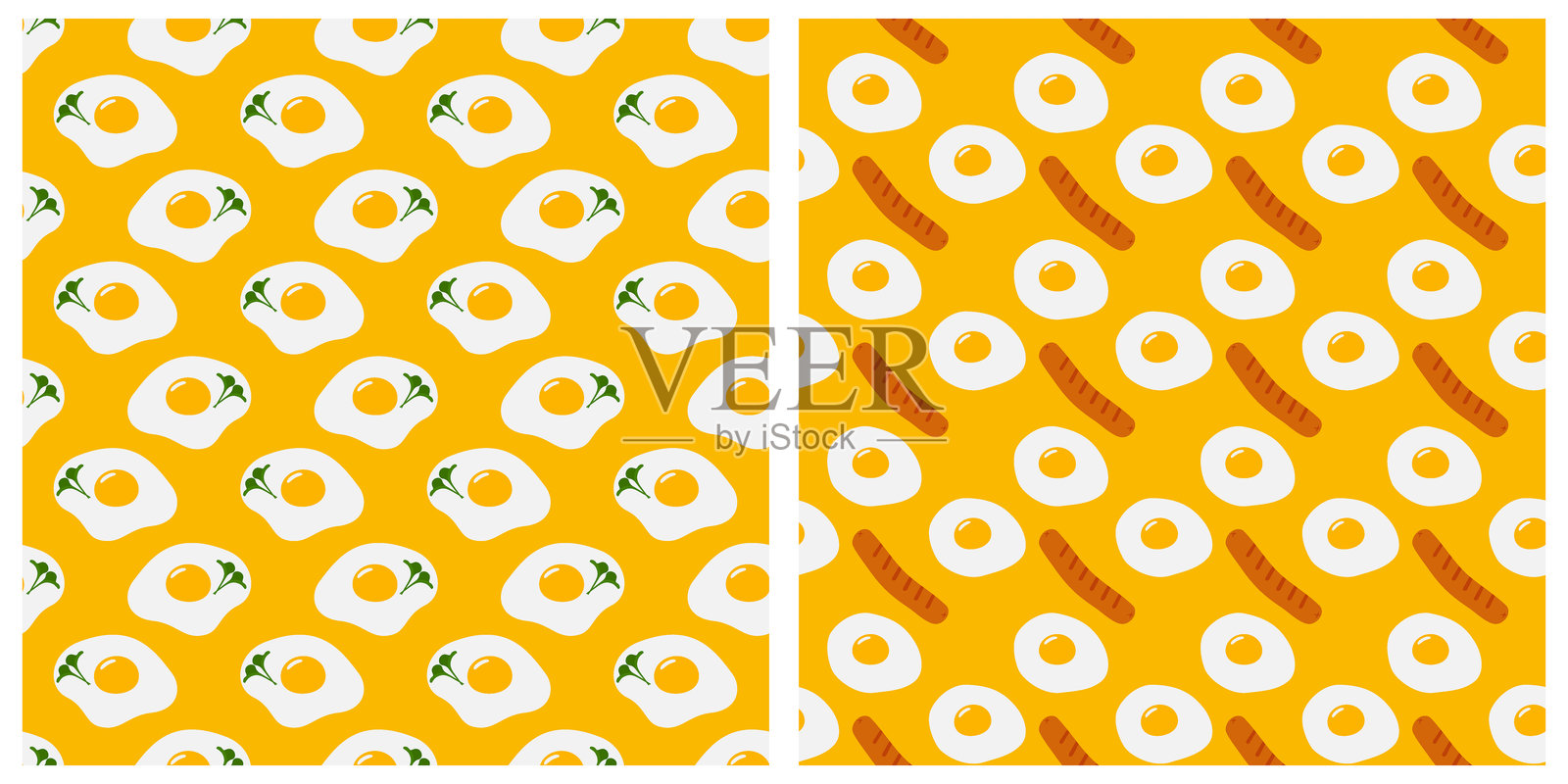 煎蛋、微型绿植、烤香肠的无缝图案,时尚的黄色世界蛋日背景创意插画图片素材