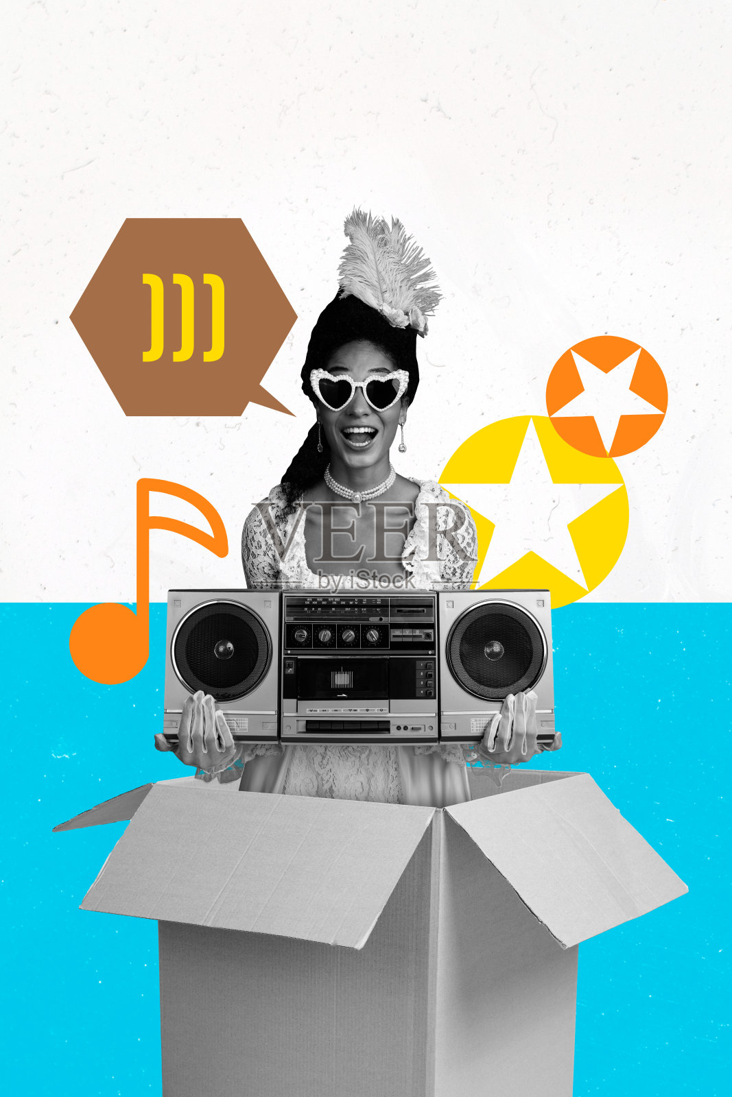 独特的艺术横幅拼贴,快乐的公爵女孩戴着太阳镜,派对放松跳舞,音响录音机,音乐爱好者,皇家化妆舞会照片摄影图片