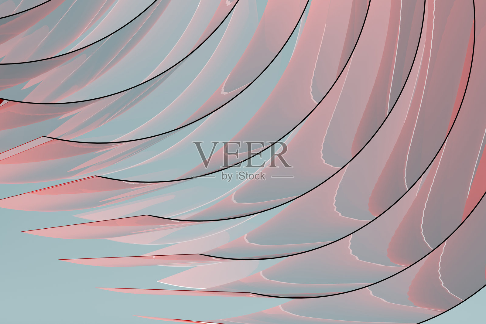 抽象背景,图案 - 柔和的光线薄弯曲玻璃条纹,分层,反射在粉蓝渐变色上。3D 渲染。几何极简设计,散发温柔、宁静、甜美的氛围。照片摄影图片