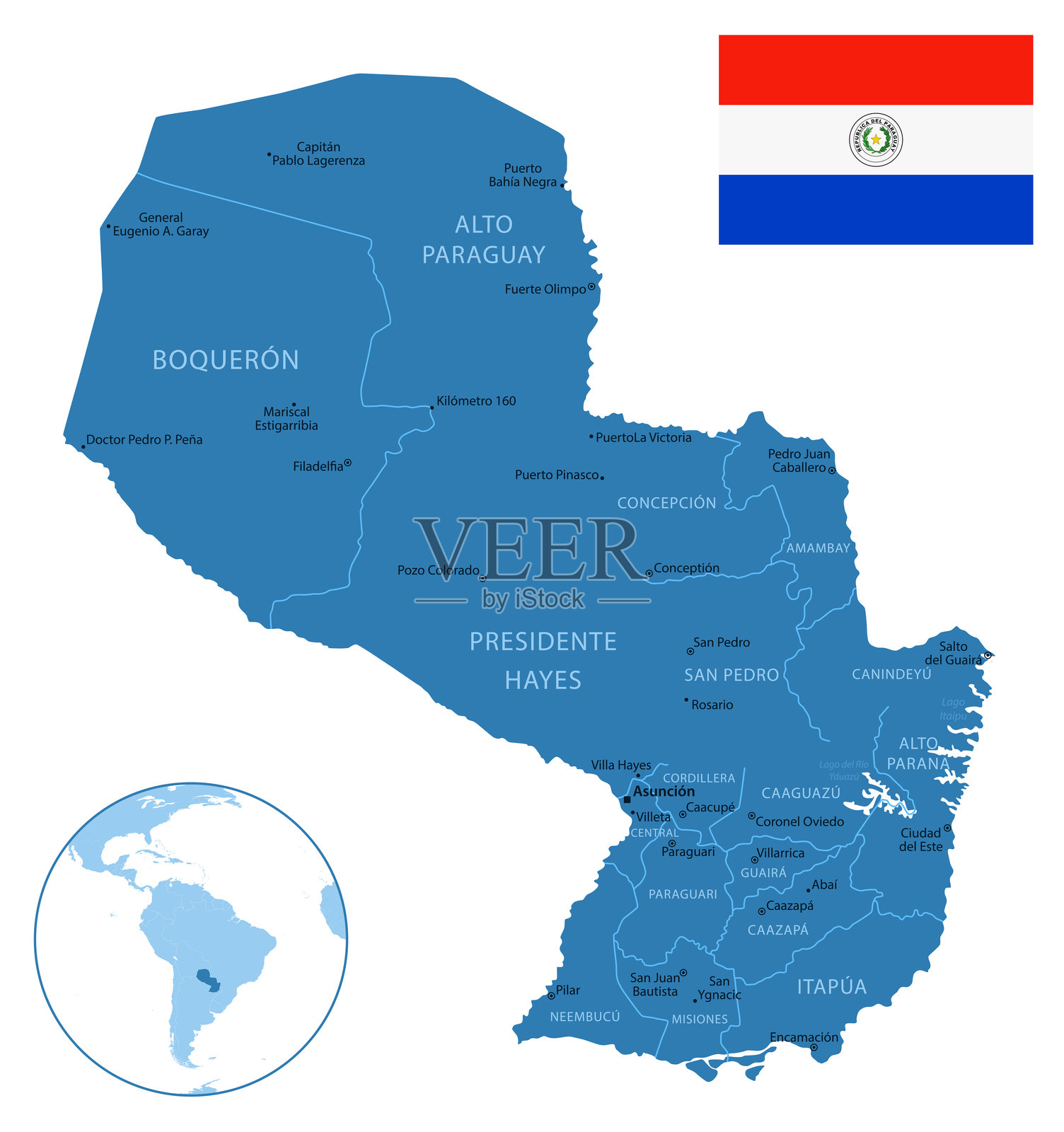 巴拉圭 - 详细的国家地图,包含各地区和城市。国旗和地球仪。插画图片素材