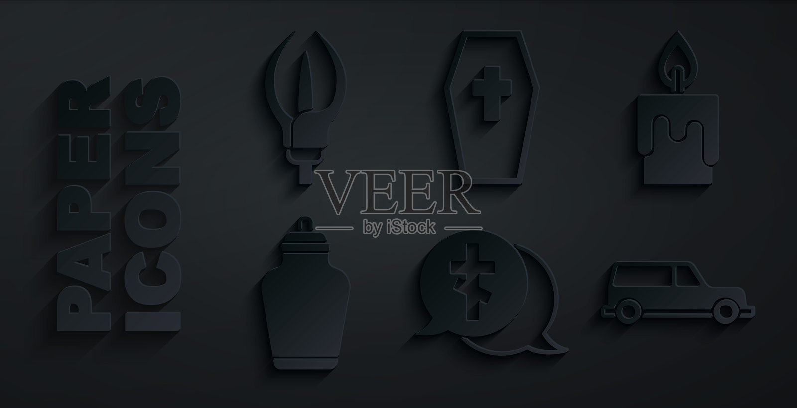 墓碑与十字架、燃烧的蜡烛、葬礼、灵车、棺材和百合花图标。矢量图。插画图片素材