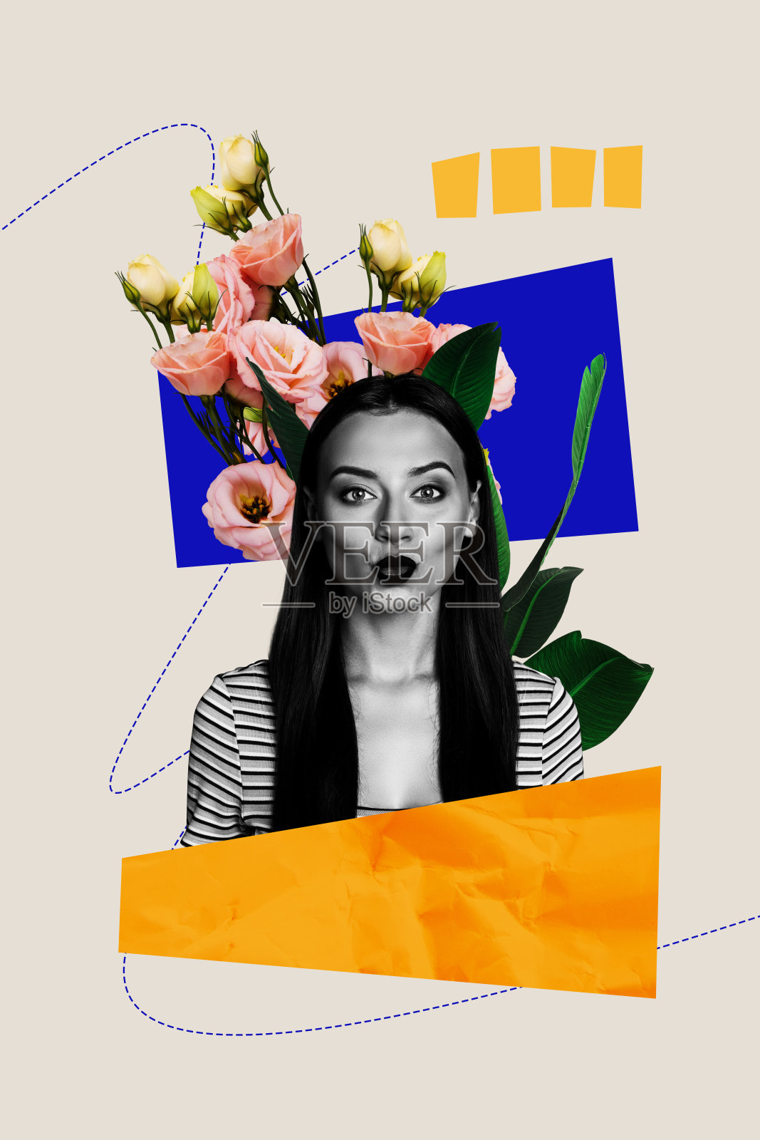 独特的垂直照片拼贴,展示了开心女孩的撅嘴姿势与花朵——洋桔梗的花苞,庆祝国际妇女节。照片摄影图片