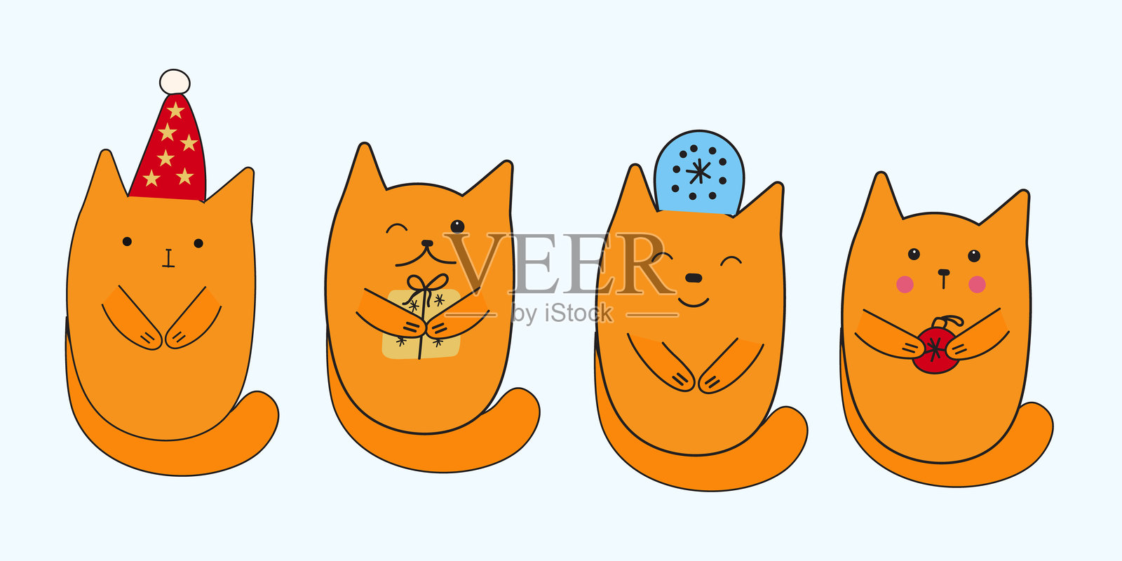 四只可爱的橙色猫咪卡通形象插画图片素材