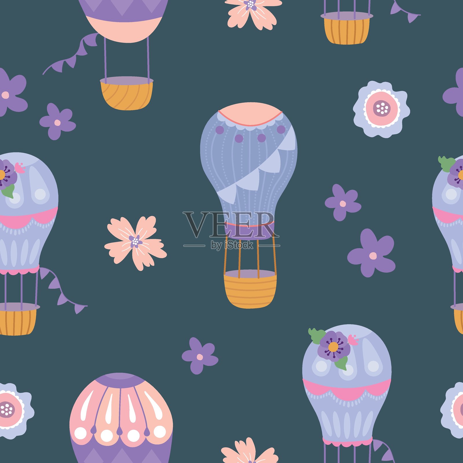 气球与花卉的无缝图案插画图片素材