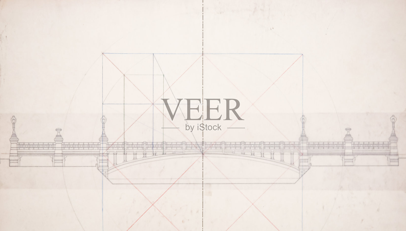 建筑桥梁草图插图与几何引导线插画图片素材
