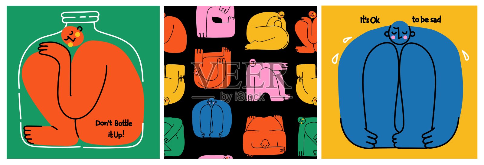 心理健康,心理学概念。自爱,心理关怀,帮助,接纳。可爱的比例失调的孤立角色被描绘在彩色方框内,并附有幽默的引用,矢量插图。插画图片素材