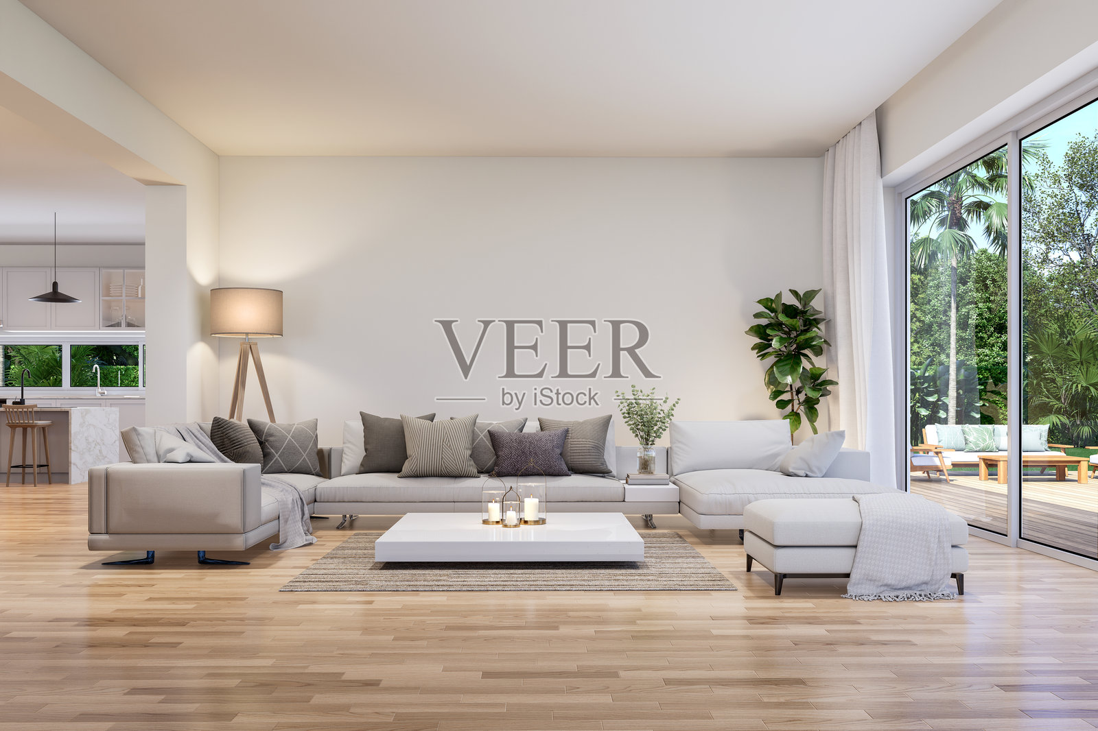 现代简约风格的白色客厅,带有花园景观的3D渲染图照片摄影图片