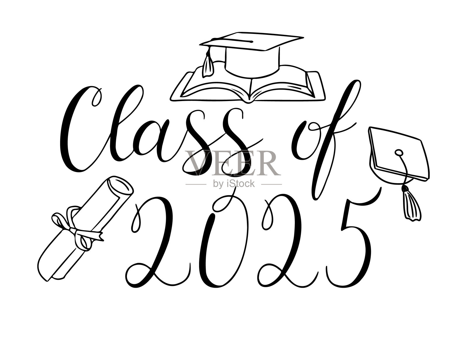 2025届毕业生的书法与毕业帽插画图片素材
