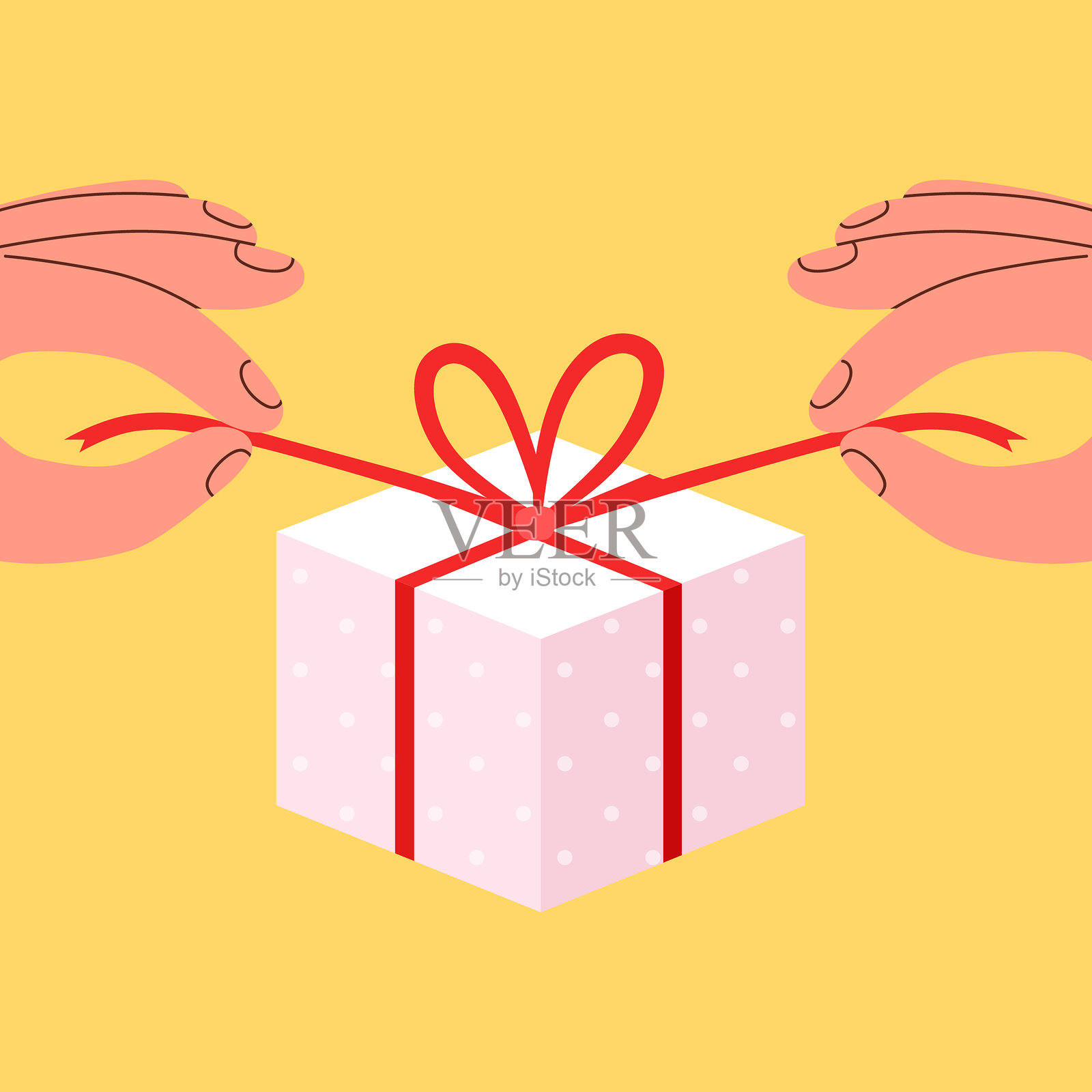 人手打开礼物,手臂解开惊喜盒子上的丝带蝴蝶结。人在生日或某个纪念日拆包裹。节日或捐赠概念。矢量插图插画图片素材