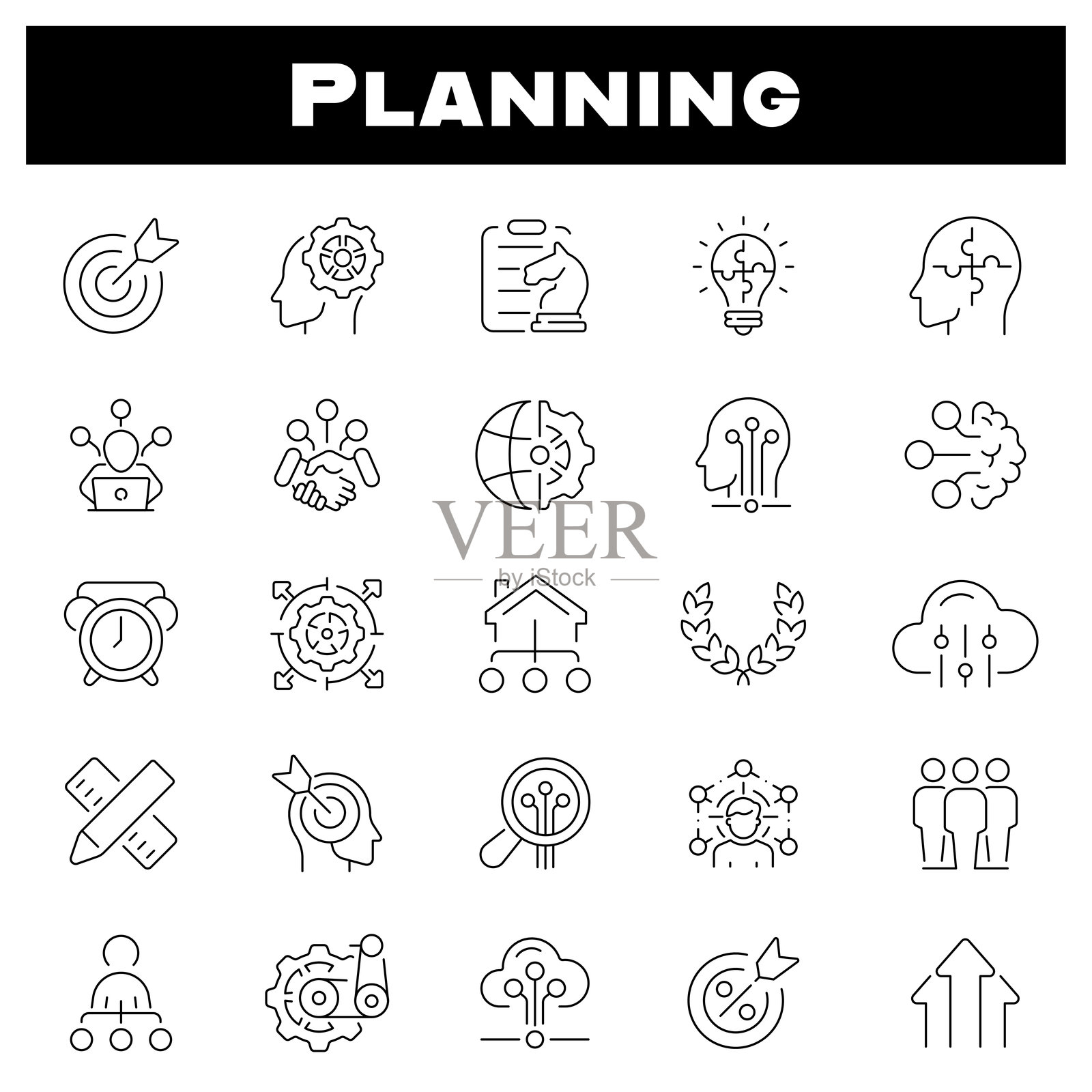 规划矢量图标。行动计划细线图标集合。与行动、计划、规划、管理相关的细线图标集合。可编辑的线条。插画图片素材