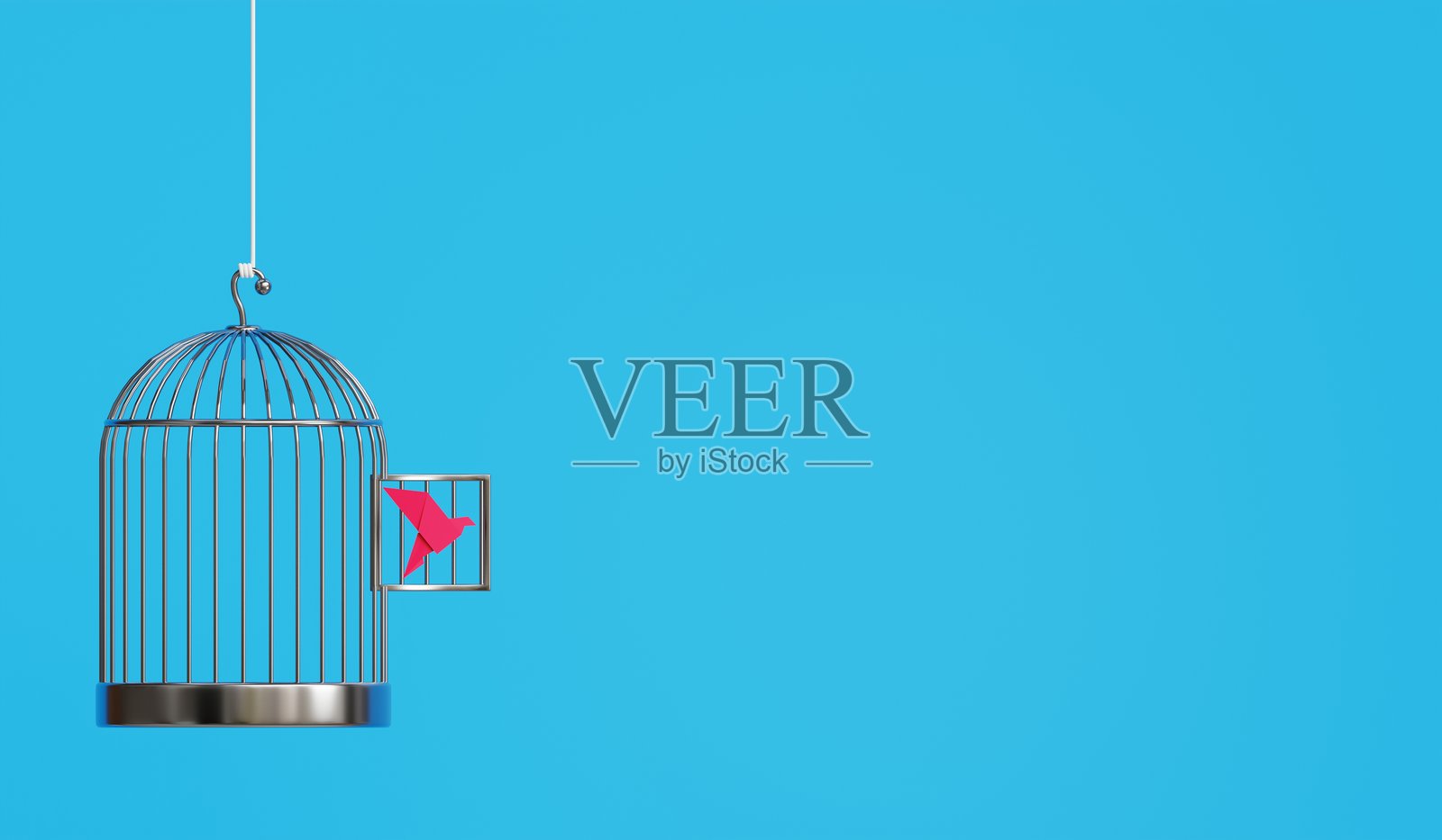 一只粉色纸鸟在鲜艳的蓝色背景下逃离它的笼子。3D渲染的创意之美。照片摄影图片