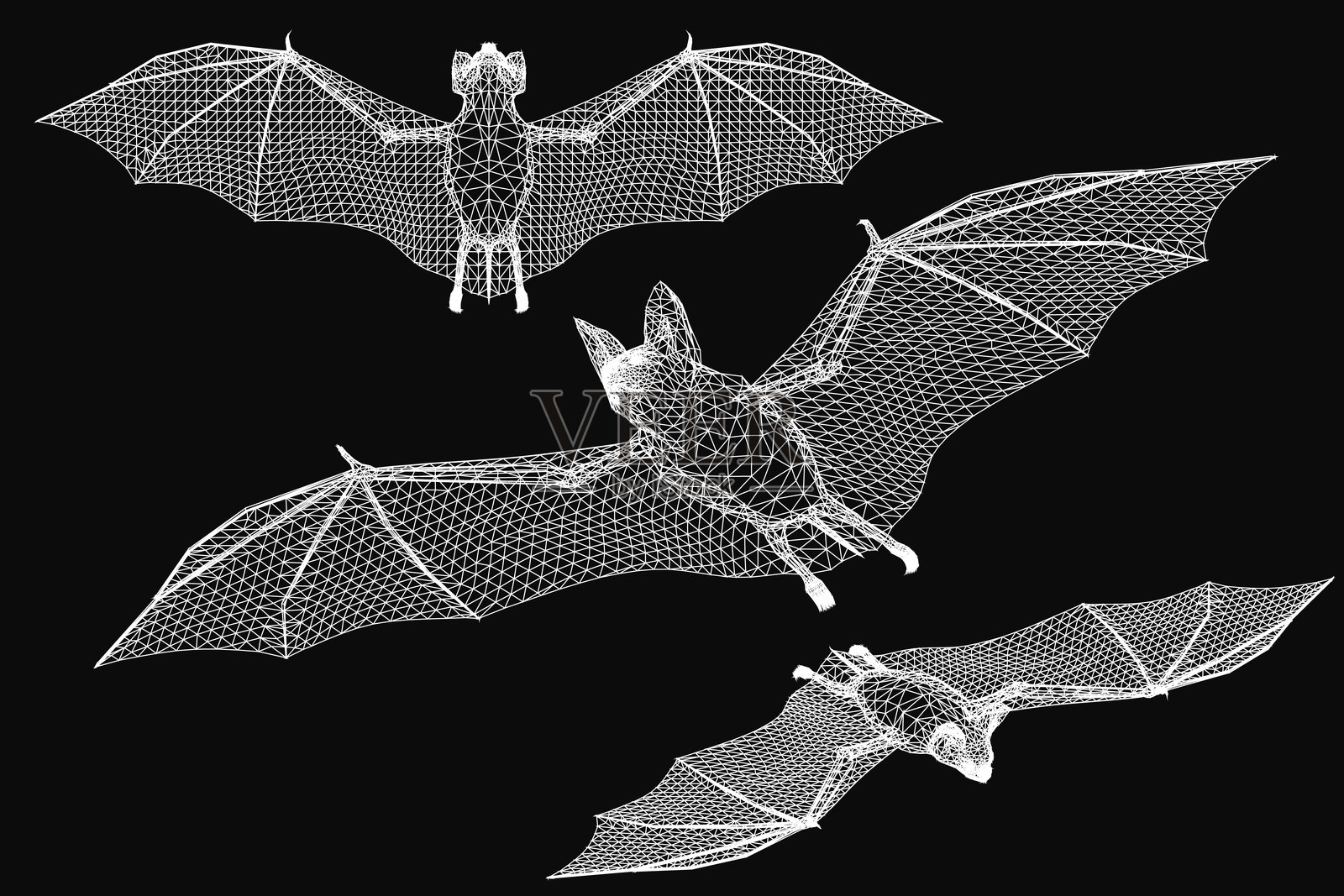 三只蝙蝠在黑色背景中飞翔,蝙蝠以线框风格绘制,展现出深度和立体感。神秘与吸引力的概念。插画图片素材