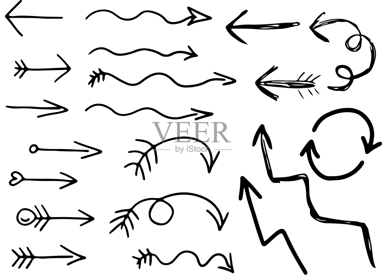 一组在黑色背景上用白色曲线绘制的线条箭头,包括虚线箭头、波浪箭头、增长箭头、螺旋箭头和圆圈。插画图片素材