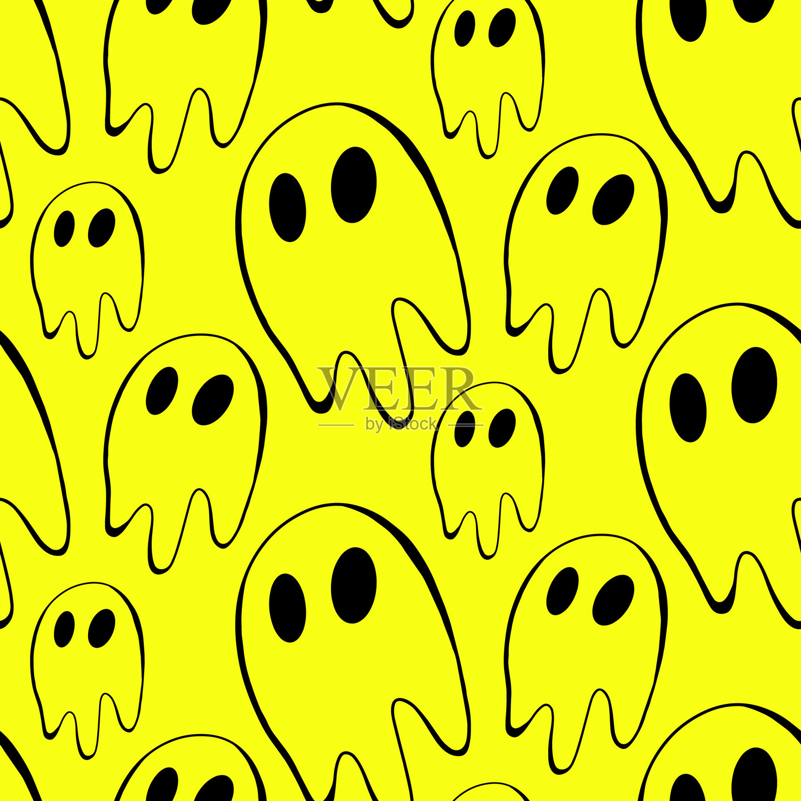 万圣节幽灵无缝图案,背景为黄色。适合季节性设计、儿童游戏室装饰或贺卡的有趣可爱插图。手绘印刷和涂鸦。插画图片素材