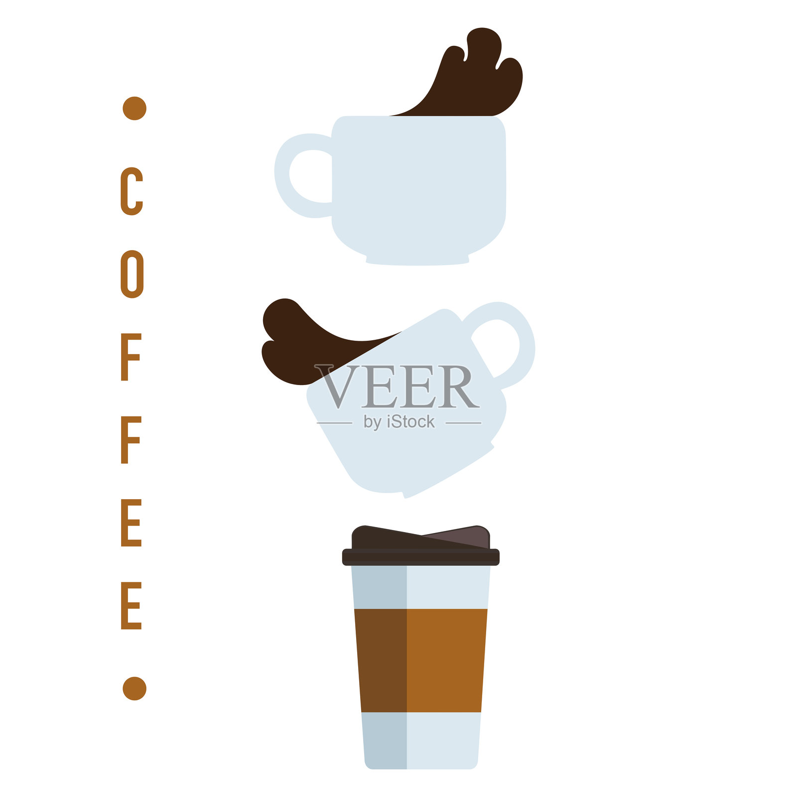 新鲜烘焙和研磨咖啡饮品的矢量插图集,香气四溢的咖啡从纸杯中溅出,极简风格图形,适用于食品、饮料、咖啡馆设计的背景。插画图片素材