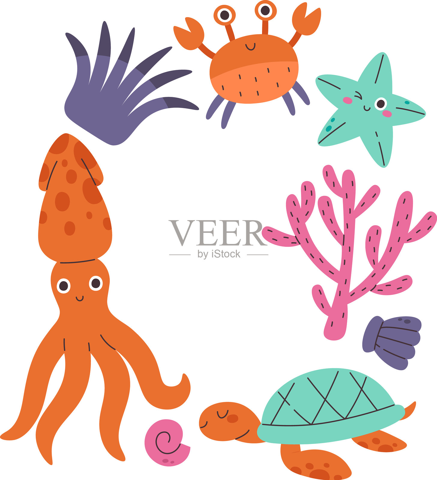 海底可爱的水下生物海洋生物框架插画图片素材