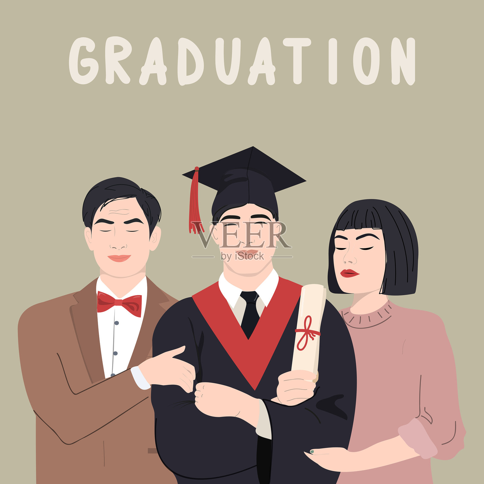 快乐的亚洲学生与父母在一起。插画图片素材