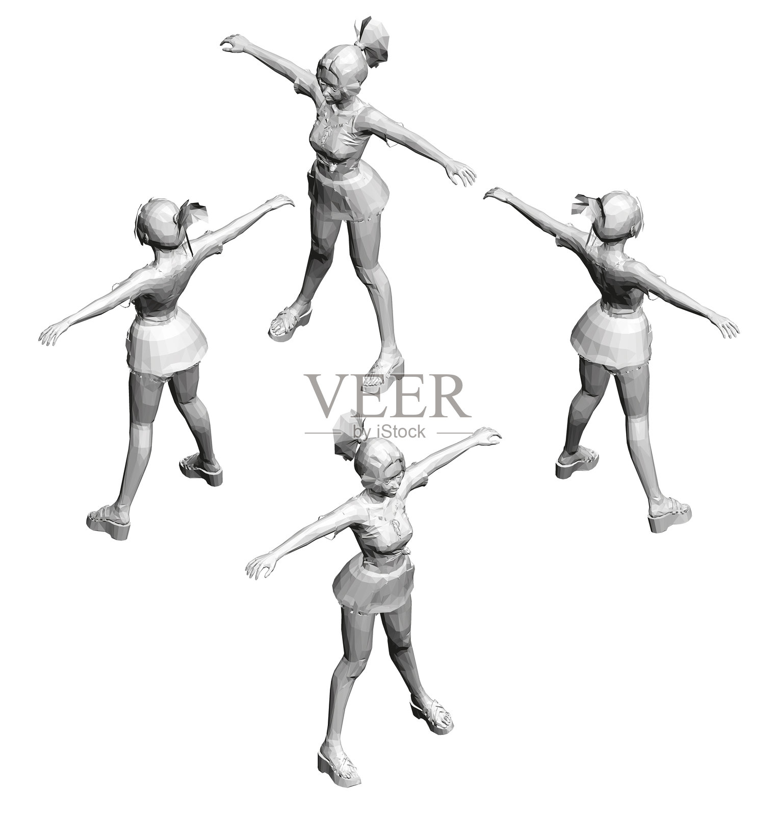 四位女性站成一个圆圈,双臂高举。她们都穿着裙子,面朝同一个方向。这个场景非常对称。插画图片素材