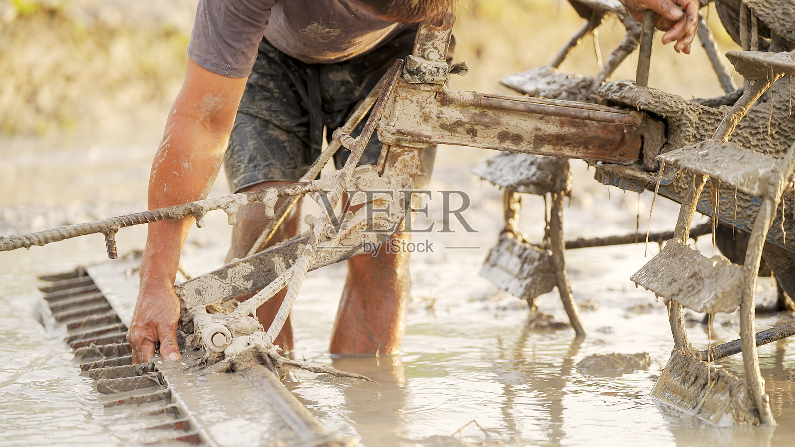 小农户稻农正在将水稻平整器连接到手扶拖拉机上照片摄影图片