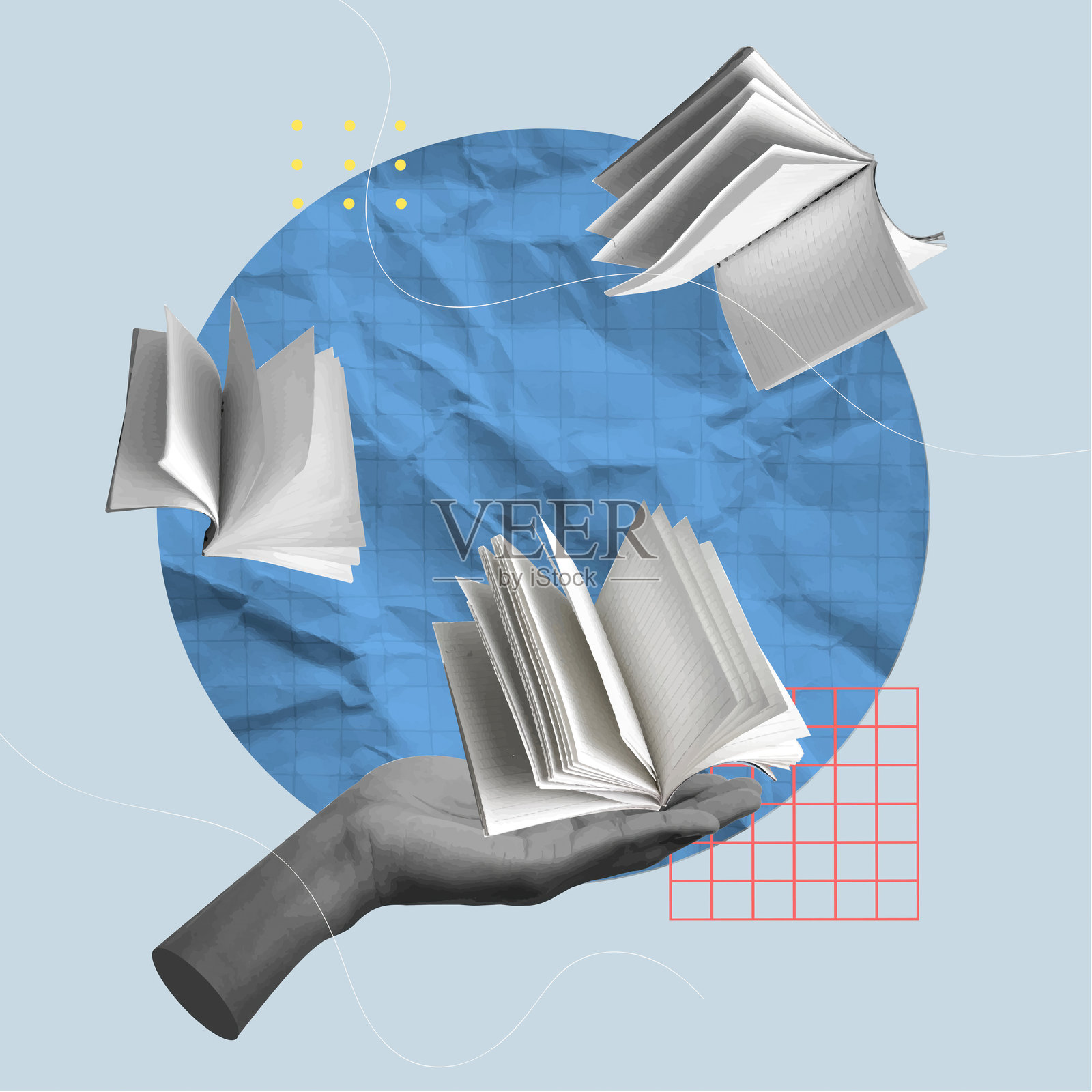 动态拼贴画,手中漂浮的书籍,展示创造力和知识,矢量插图照片摄影图片