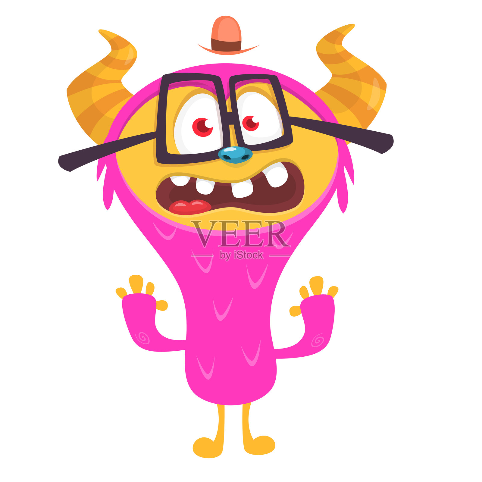 可爱的卡通怪兽,面带搞笑兴奋的表情,挥动着手。白色背景上的矢量插图。万圣节设计。插画图片素材