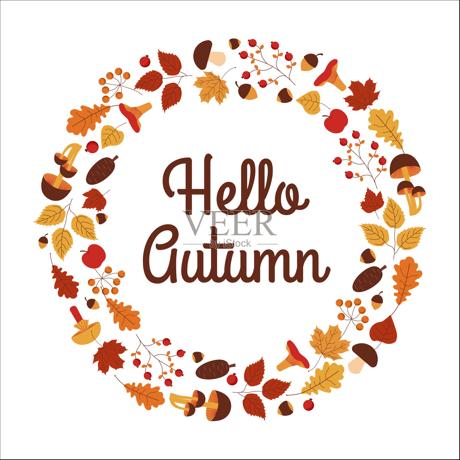 秋季花环,装饰有树叶、蘑菇、松果、浆果、坚果和字母。秋季主题。插画图片素材