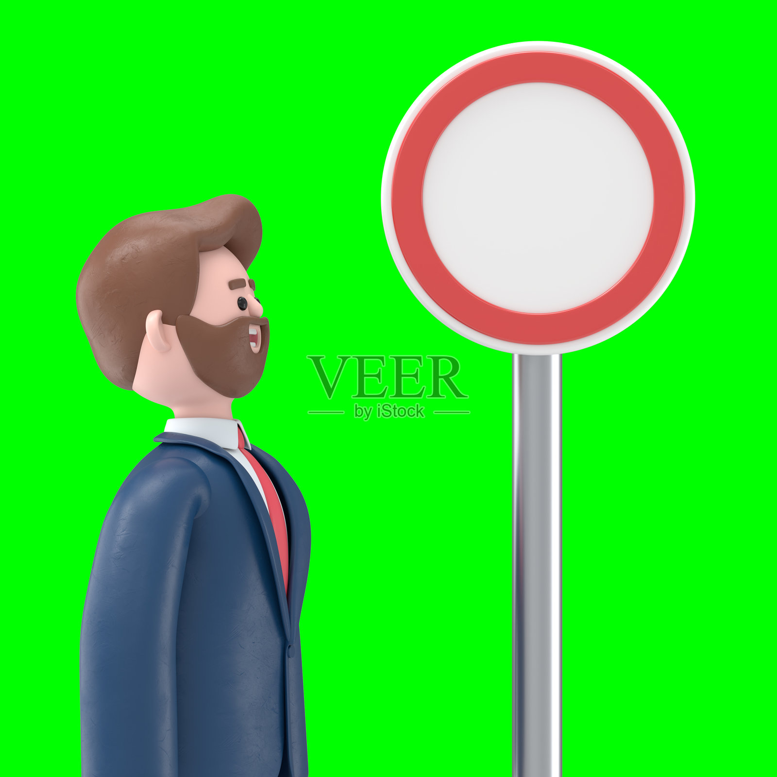 3D插图:留胡子的美国商人鲍勃站在十字路口,注视着方向指示牌的箭头。3D渲染,适用于绿幕素材和剪辑路径。照片摄影图片