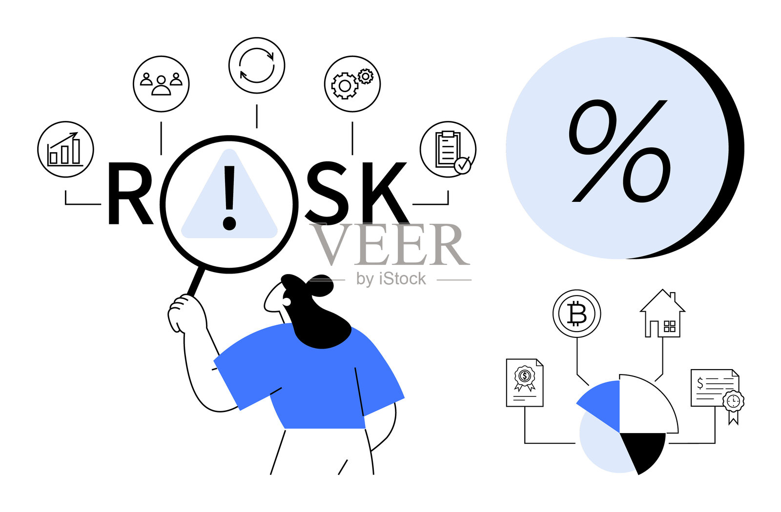 女商人用放大镜分析风险因素和百分比图表插画图片素材