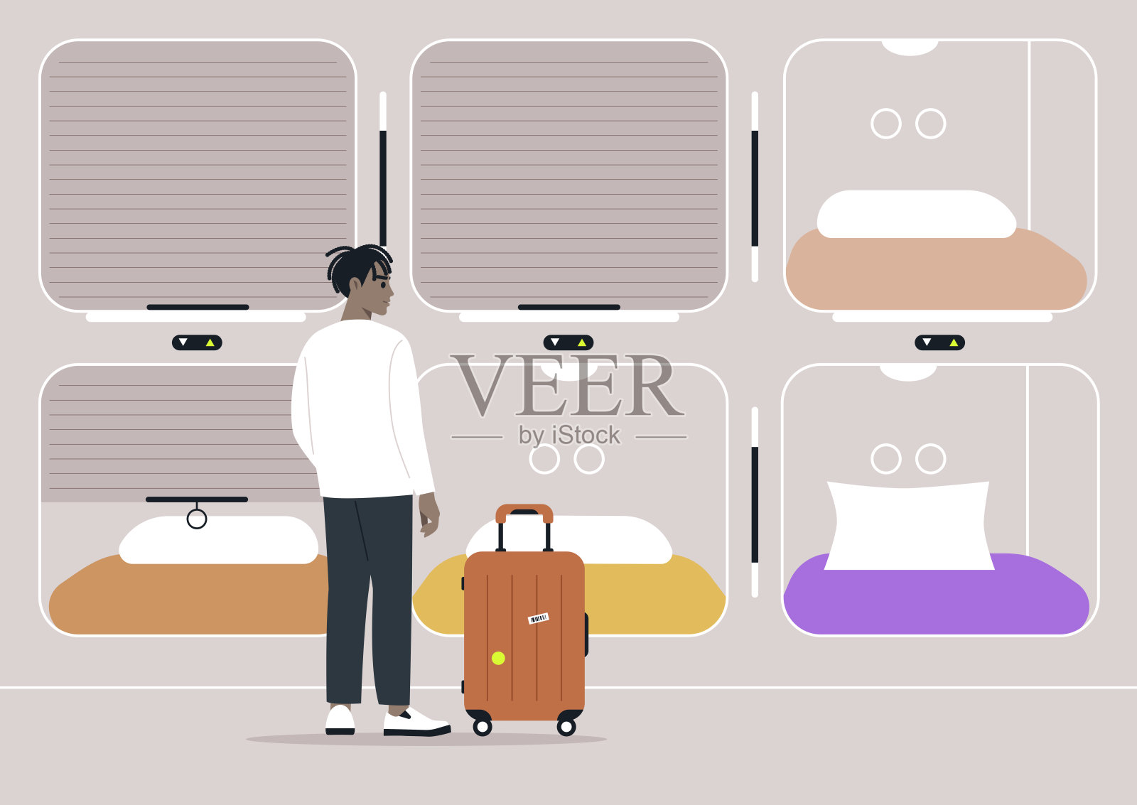 一位旅行者在胶囊酒店的舱位前沉思,正与现代设计互动,同时处理着他们的行李箱,氛围既温馨又现代。插画图片素材