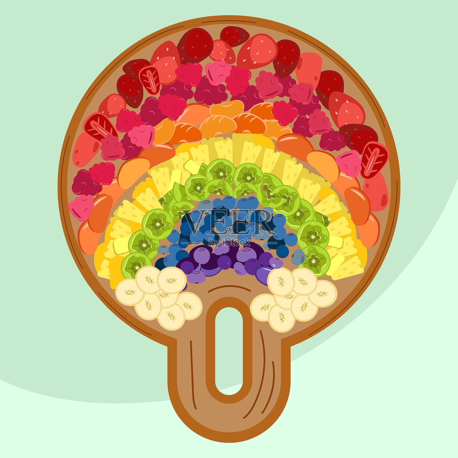 平铺的水果彩虹拼盘。草莓、覆盆子、菠萝、橘子、猕猴桃、蓝莓、香蕉片。插画图片素材