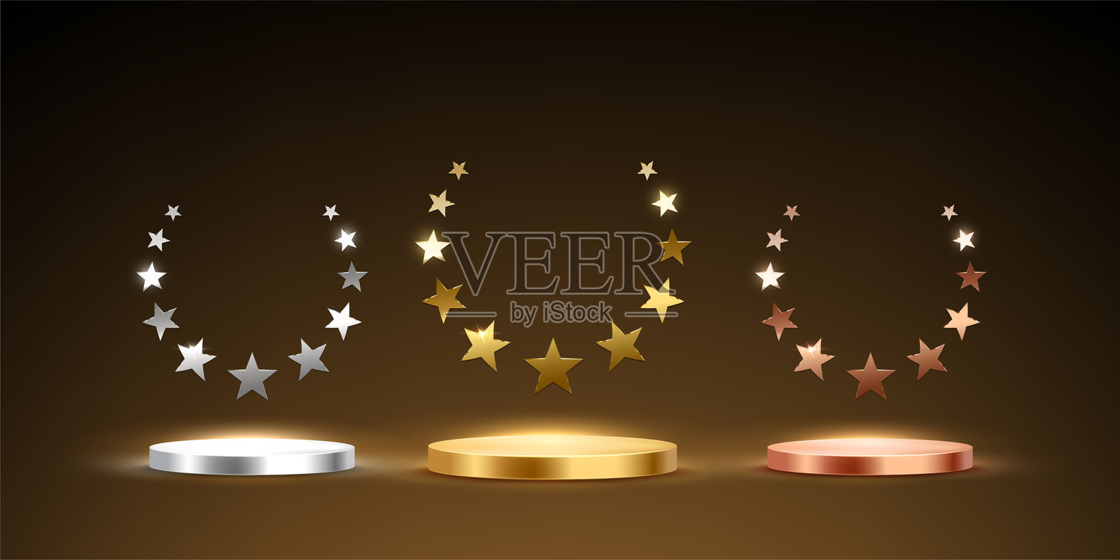 金、银、铜奖领奖台。奢华的空圆形舞台,带有发光的星星花环,孤立在黑色背景上,适合产品展示或颁奖典礼。抽象矢量插图插画图片素材