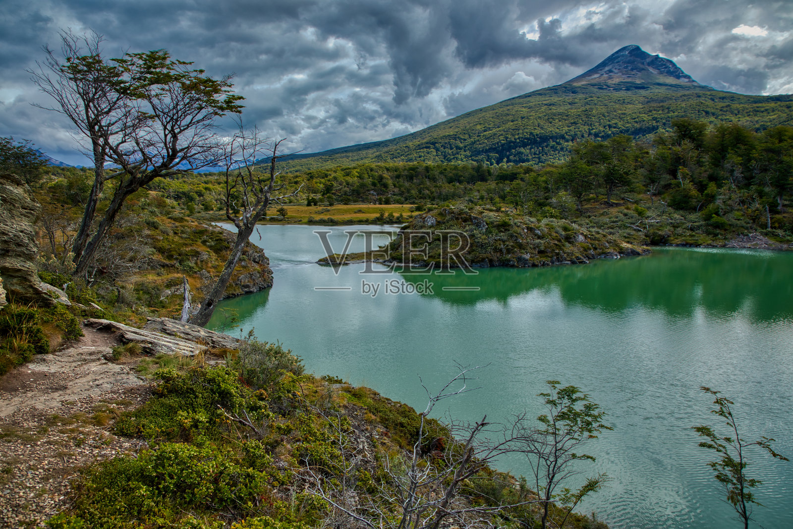 阿根廷火地岛乌斯怀亚附近的火地岛国家公园,风景如画的山脉、海洋、森林和沼泽地。南美洲。照片摄影图片