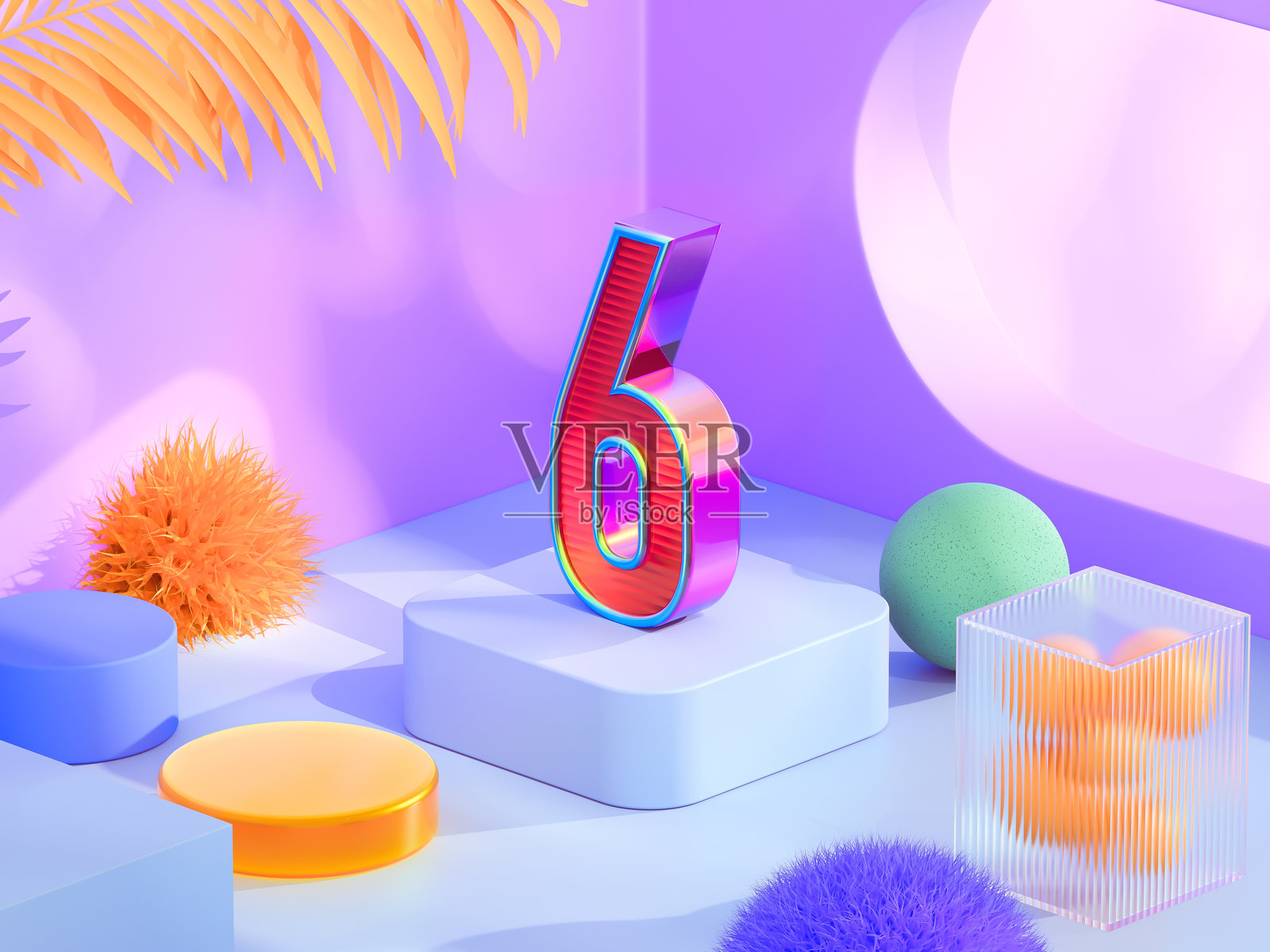 用于数字6展示的极简抽象彩色背景。产品展台位于彩虹色的圆形背景上。3D渲染插图。照片摄影图片