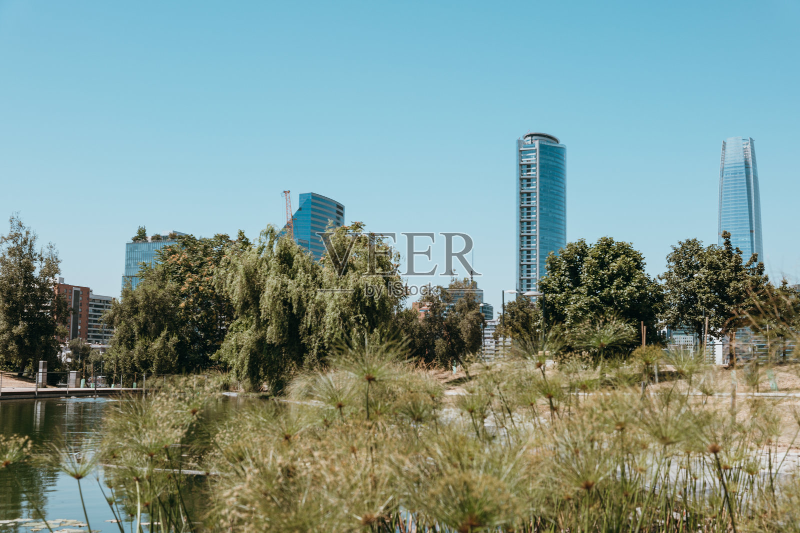 现代城市天际线俯瞰宁静的城市公园池塘照片摄影图片