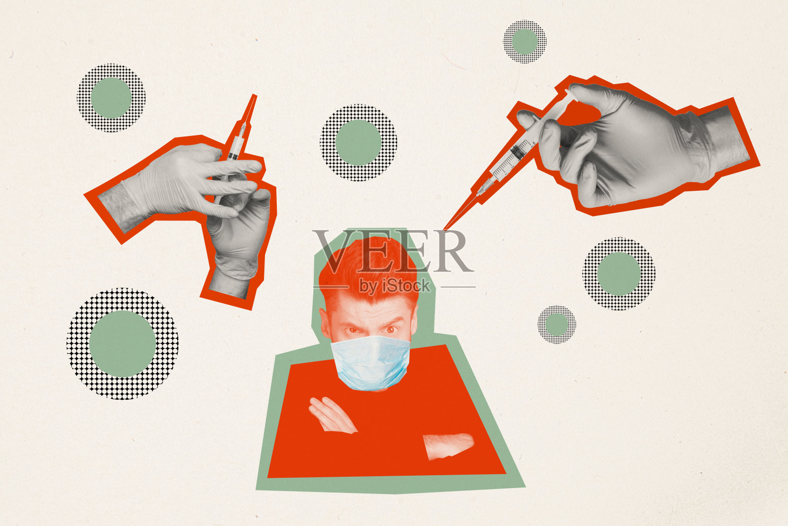 艺术杂志拼贴画,展示在白色背景下,手臂为焦虑的男士接种疫苗。照片摄影图片