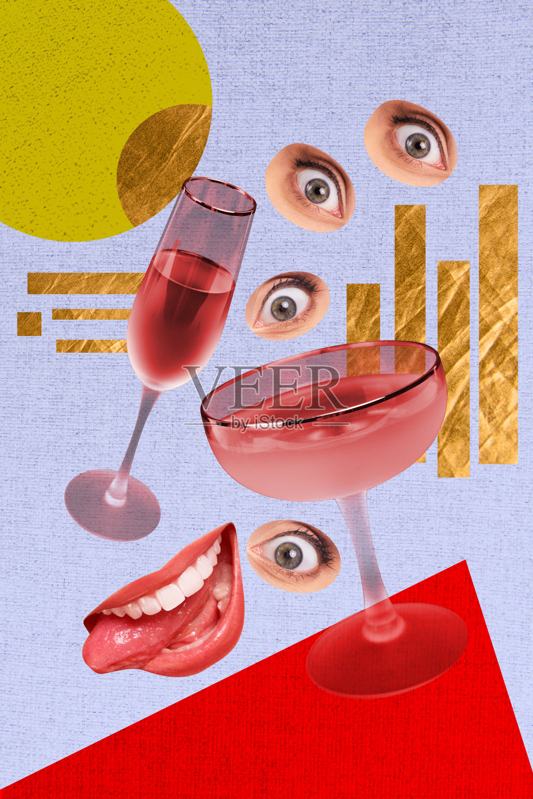 3D照片拼贴草图模板设计,包含吐司、放松、假期、庆祝、饮料、鸡尾酒、面部、嘴巴、微笑、眼睛和手表的碎片。照片摄影图片