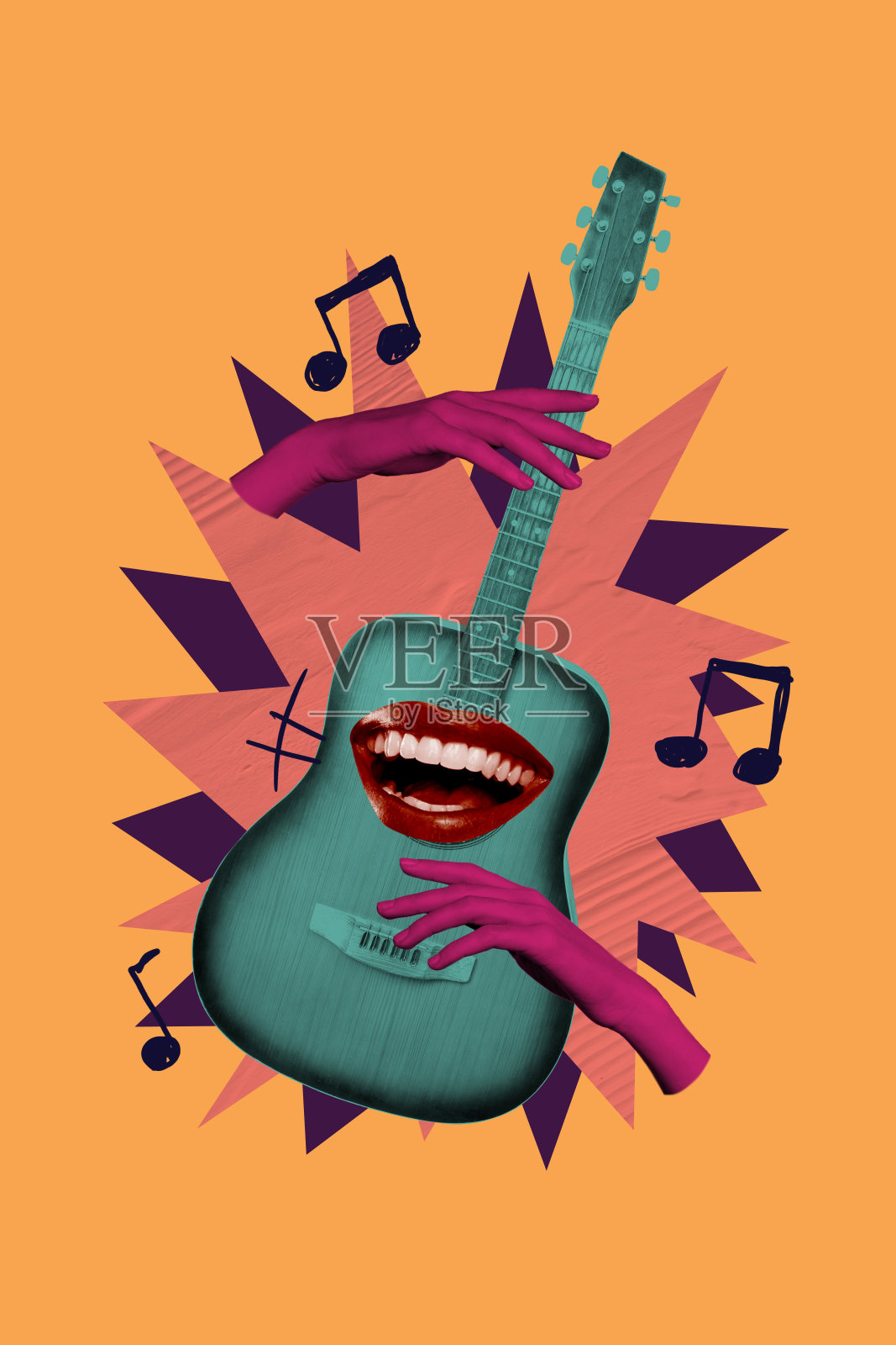 匿名手持吉他演奏音乐的素描复合3D拼贴艺术作品,嘴唇微笑,适合俱乐部休闲场合派对。照片摄影图片