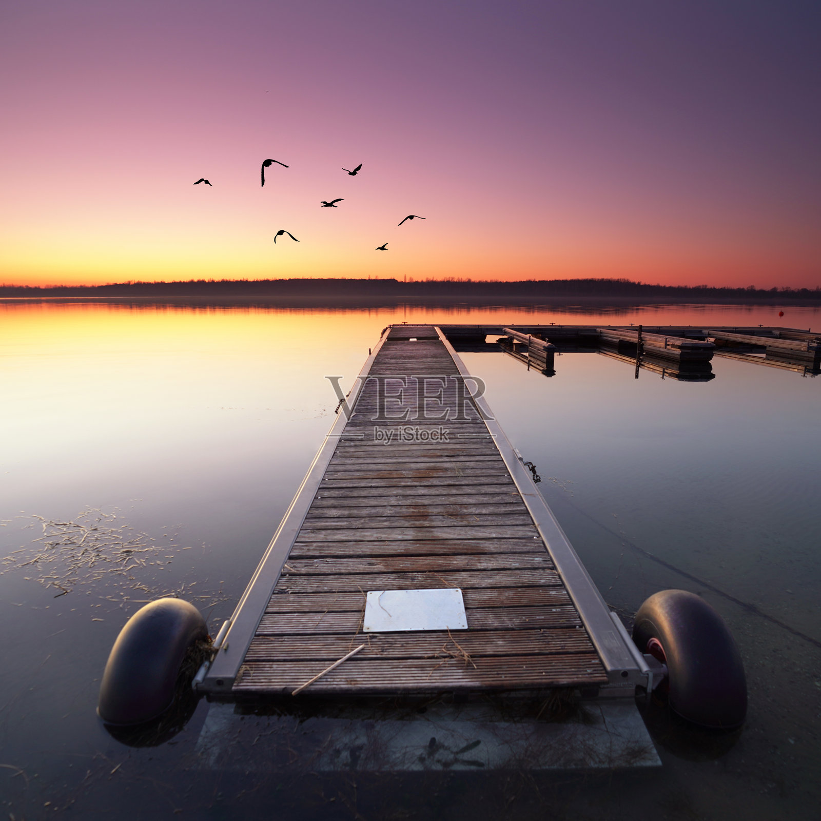 独特的木栈道延伸至平静的海面,夕阳下飞翔的鸟儿。照片摄影图片