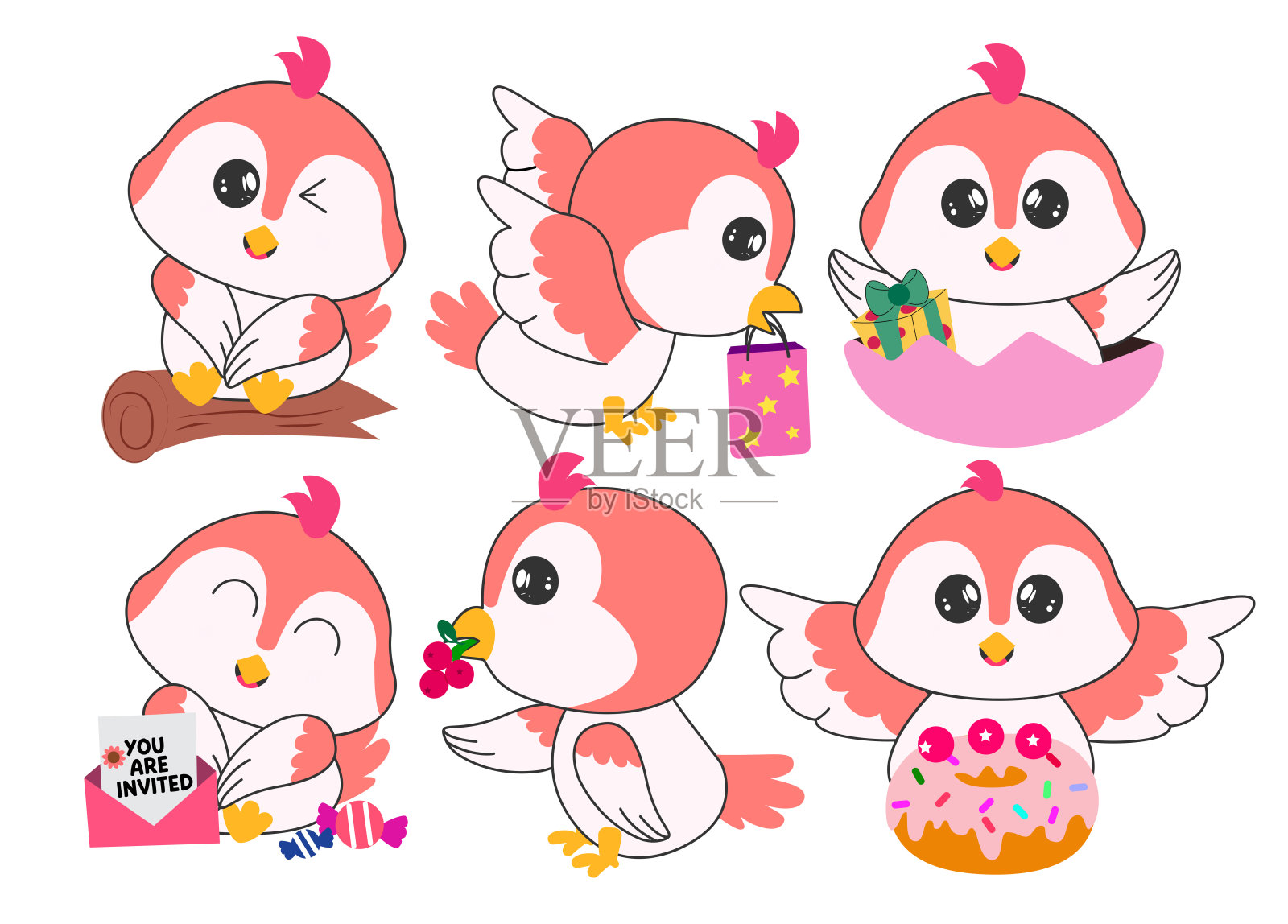 鸟类生日角色剪贴画绘图集。可爱的鸟类图标剪贴画合集,包含生日派对邀请卡。插画图片素材