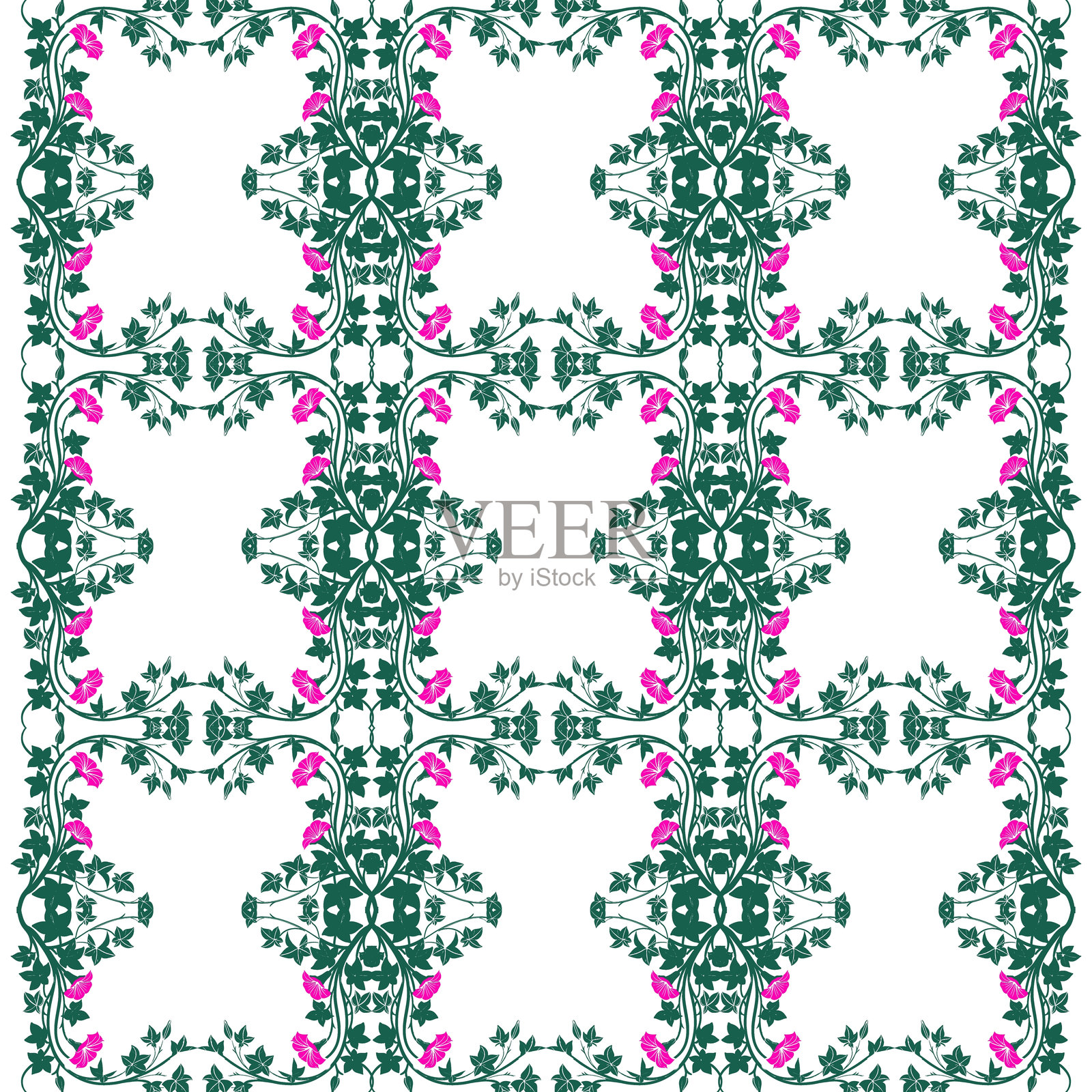 无缝花卉图案,粉色、蓝色和白色,搭配玫瑰花束。美丽花朵和叶子的框架矢量设计。插画图片素材