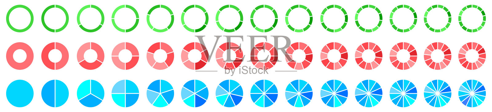 饼图集,分段圆形图标,饼图分为1,2,3,4,5,6,7,8,9,10,11,12,13,14等份,圆形图,环形百分比轮,带有部分或区域的圆形图。插画图片素材