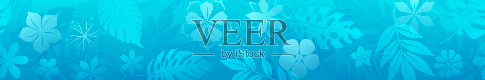 带有浅蓝色热带叶子和花朵的横幅。插画图片素材