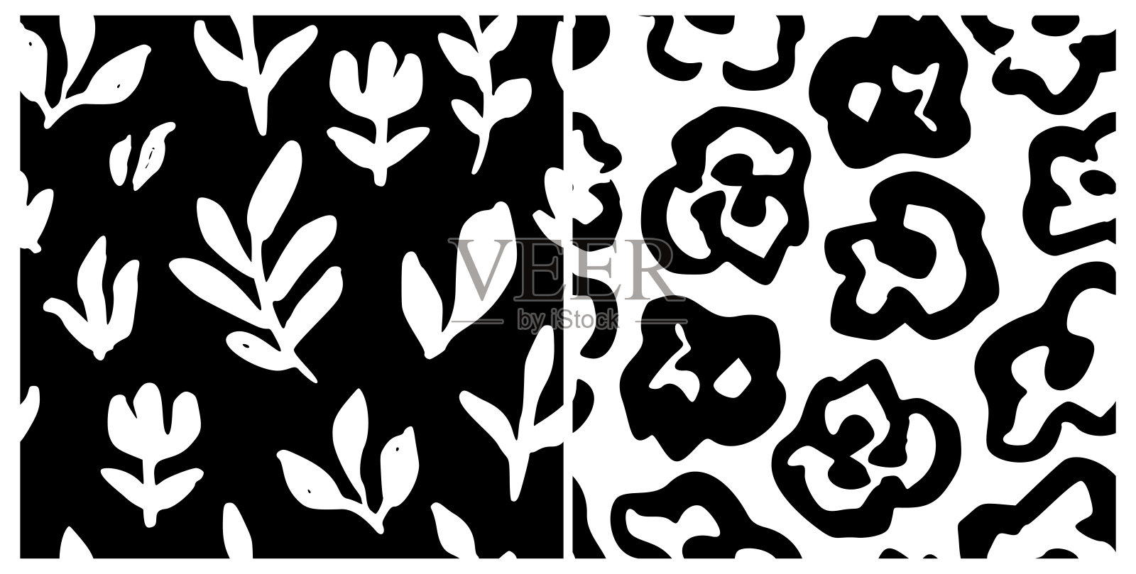 抽象的黑白花卉图案,手绘墨水花朵。单色自由手绘的小雏菊、牡丹、玫瑰、盛开的壁纸。美丽的笔触花卉无缝图案。热带叶子。插画图片素材