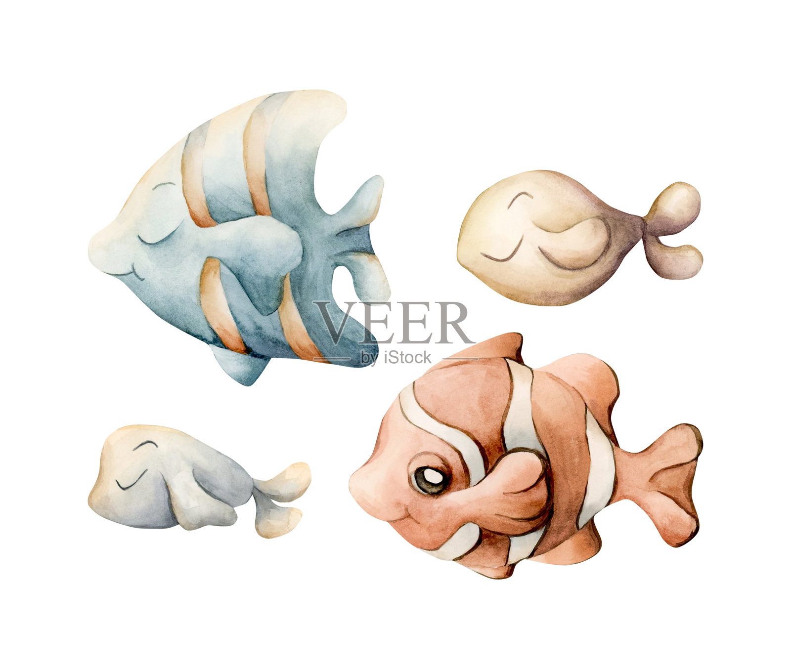 可爱的鱼类套装。海洋海洋生物。可爱的小丑鱼和天使鱼。水彩手绘插图插画图片素材